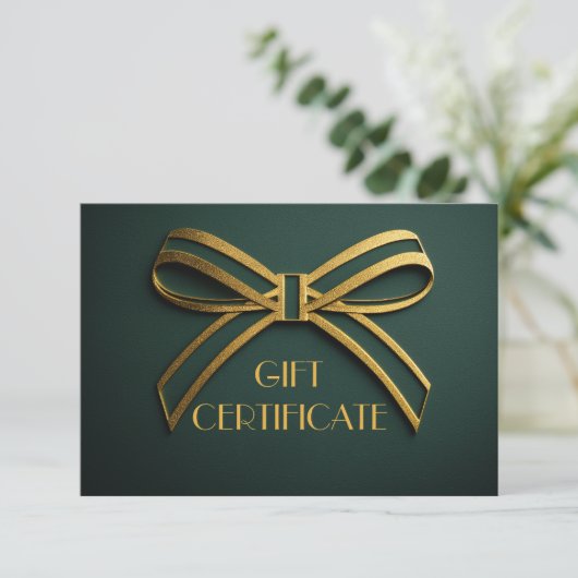 Elegant Green & Gold Ribbon Gift Certificate Card  (スタンド正面)