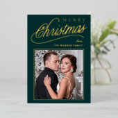 Elegant Green & Gold Script Merry Christmas Photo 箔シーズンカード (立ち正面)