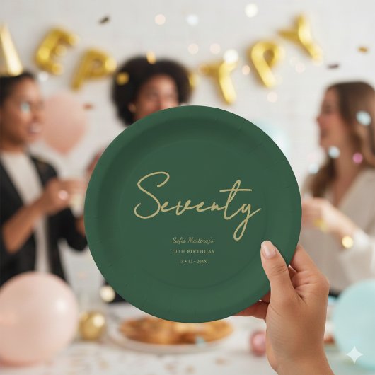 Elegant Green Gold Seventy Birthday Paper Plate ペーパープレート