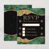 Elegant Green & Gold Snowflake Wedding 出欠カード (正面/裏面)