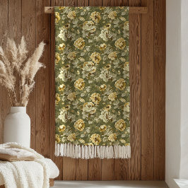 Elegant Green Gold Throw Botanical Chic Accent フリースブランケット