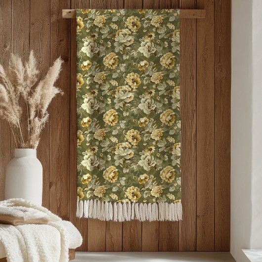 Elegant Green Gold Throw Botanical Chic Accent フリースブランケット