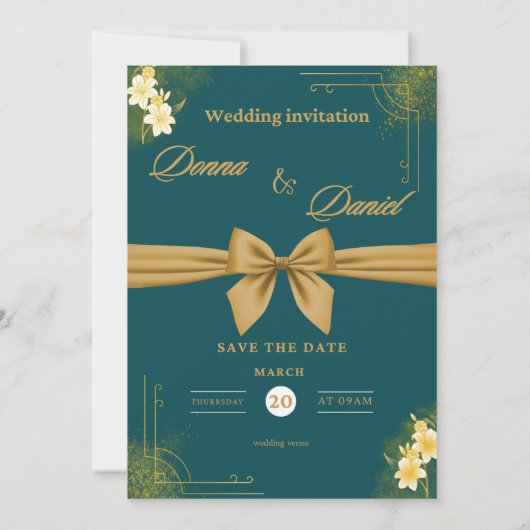 Elegant Green & Gold Wedding Invitation with Flora 招待状 (裏面)
