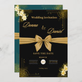 Elegant Green & Gold Wedding Invitation with Flora 招待状 (正面/裏面)