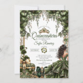 Elegant Green Golden Tiara Floral  Quinceañera 招待状 (正面)