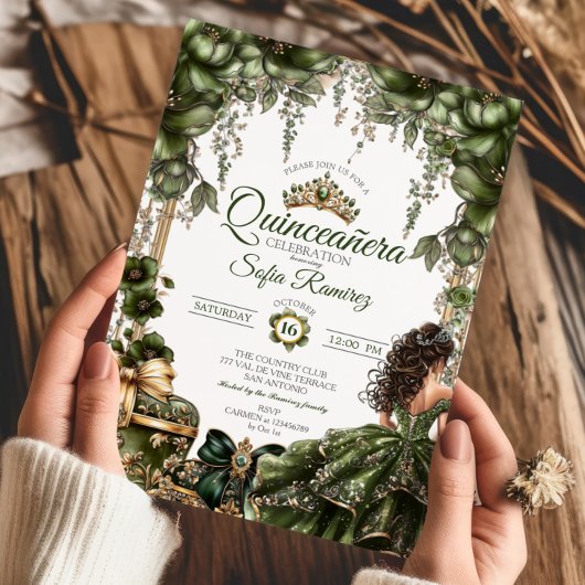 Elegant Green Golden Tiara Floral  Quinceañera 招待状