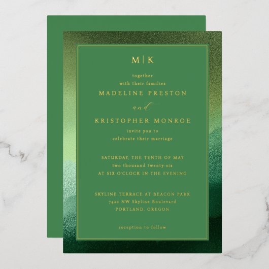 Elegant Green Gradient Wedding Invitation 箔招待状 (正面/裏面)