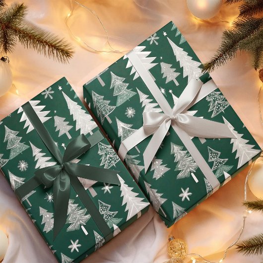 Elegant Green Gray Christmas Tree Pattern  ラッピングペーパー