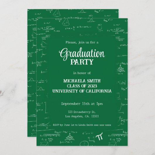 Elegant Green Hand-Lettering Math Graduation Party 招待状 (正面/裏面)