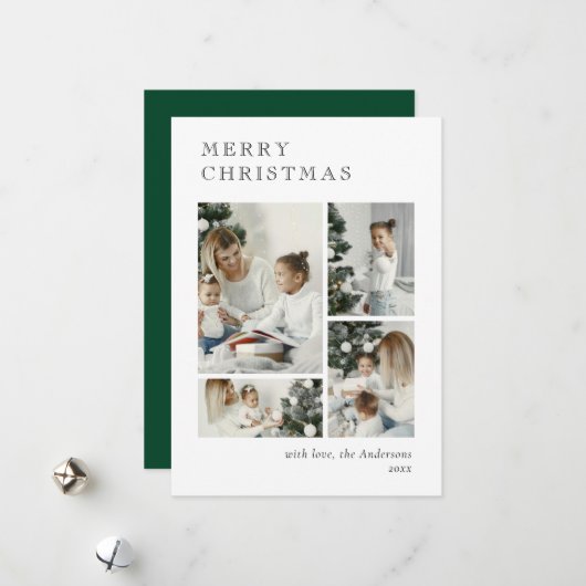Elegant Green Holiday Photo Collage Christmas Card シーズンカード (正面/裏面インサイチュ)