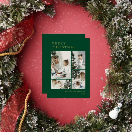 Elegant Green Holiday Photo Collage Christmas Card 箔シーズンカード (インサイチュ)