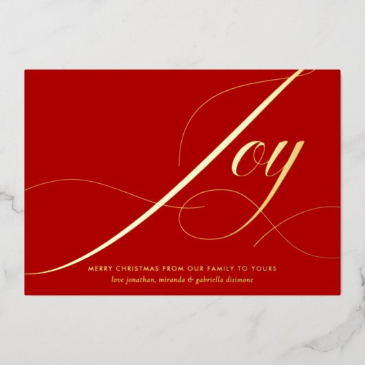 Elegant Green Joy Script Gold Foil Christmas Card 箔シーズンカード (正面)