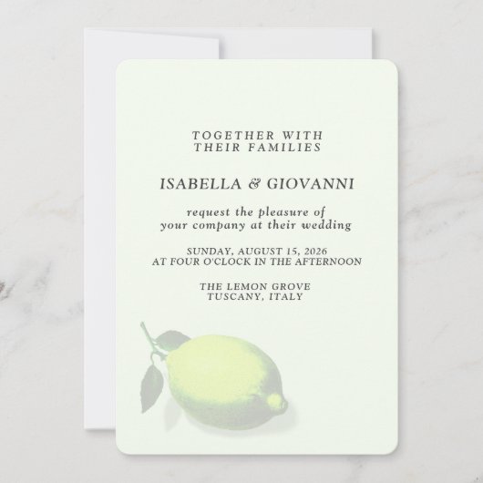 Elegant Green Lemon Tuscany Wedding 招待状 (正面)