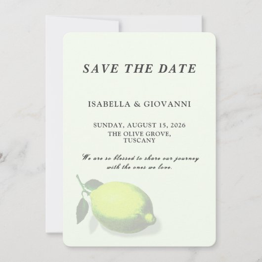 Elegant Green Lemon Tuscany Wedding Save The Date 招待状 (正面)