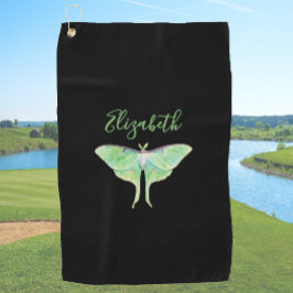 Elegant Green Luna Moth Custom Name Ladies Black ゴルフタオル