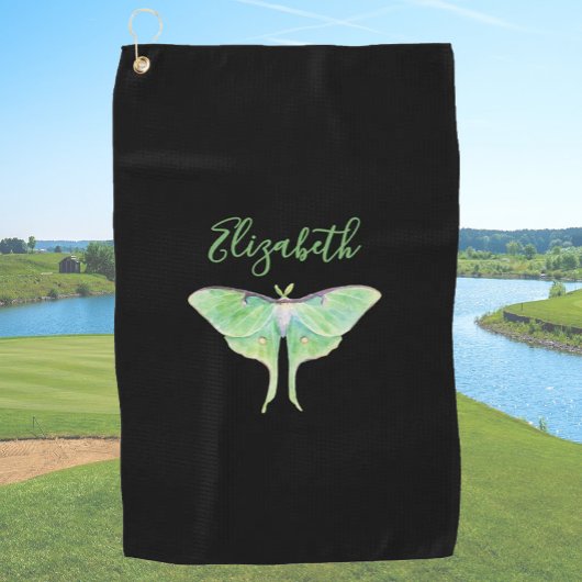 Elegant Green Luna Moth Custom Name Ladies Black ゴルフタオル