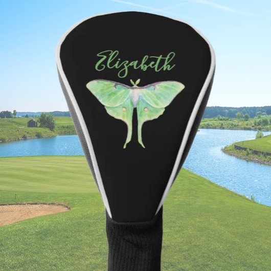 Elegant Green Luna Moth Personalized Ladies Black ゴルフヘッドカバー