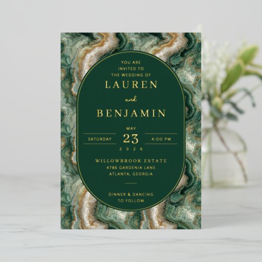 Elegant Green Marble Wedding Invitation 箔招待状 (立ち正面)