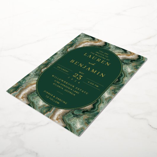 Elegant Green Marble Wedding Invitation 箔招待状 (回転した状態)