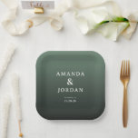 Elegant Green Minimalist ペーパープレート<br><div class="desc">This elegant wedding plate features a sophisticated gradient background transitioning from soft mint to deep forest green, creating a calming and natural aesthetic. The design showcases clean, modern typography with centered names and details in a minimalist sans-serif font, emphasizing clarity and simplicity. Perfect for formal occasions, the understated elegance of...</div>