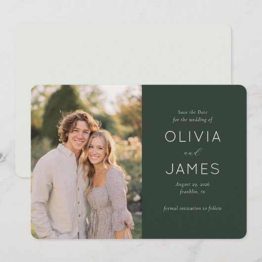 Elegant Green Modern Photo セーブザデート (正面/裏面)