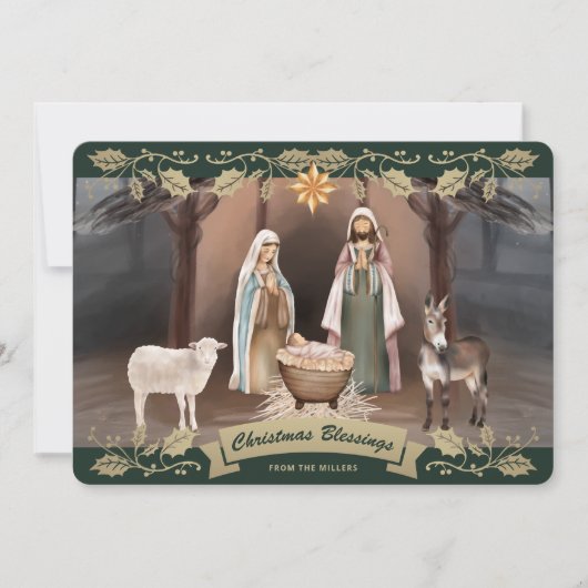 Elegant Green Nativity Scene Christian Christmas シーズンカード (正面)