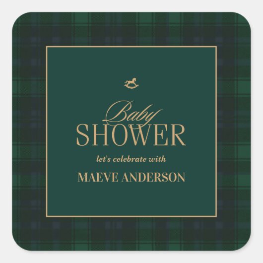 Elegant Green navy gold Plaid tartan Baby shower スクエアシール (正面)