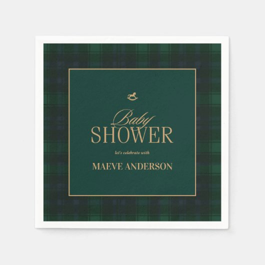 Elegant Green navy gold Plaid tartan Baby shower スタンダードカクテルナプキン (正面)