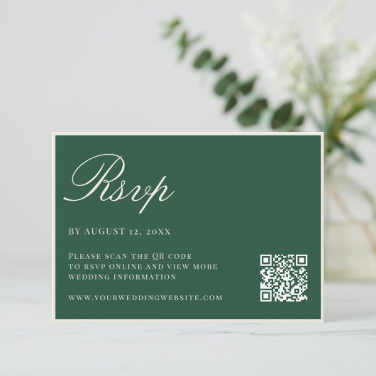 Elegant Green Old Money QR Code Wedding 出欠カード (スタンド正面)