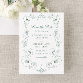 Elegant Green Ornate Floral Frame Wedding セーブザデート