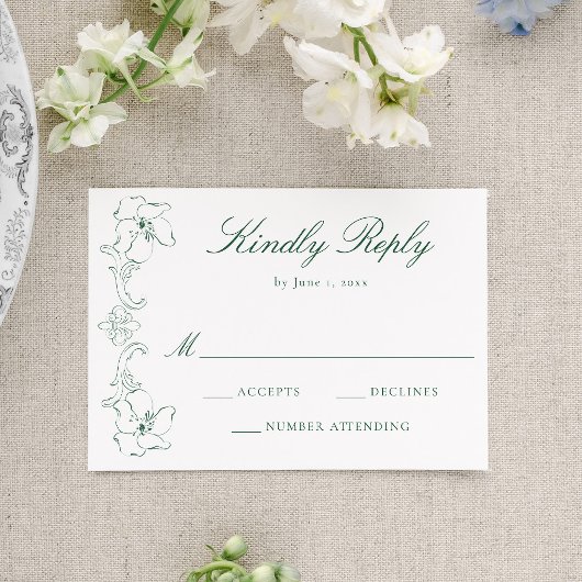 Elegant Green Ornate Floral Frame Wedding 出欠カード