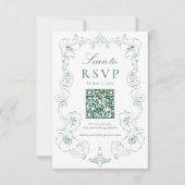 Elegant Green Ornate Floral QR Code Wedding 出欠カード (正面)