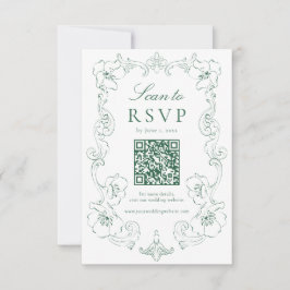 Elegant Green Ornate Floral QR Code Wedding 出欠カード