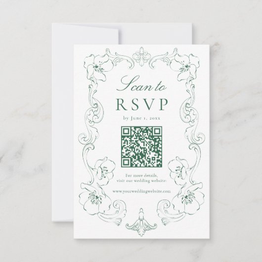 Elegant Green Ornate Floral QR Code Wedding 出欠カード (正面)