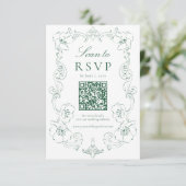 Elegant Green Ornate Floral QR Code Wedding 出欠カード (スタンド正面)