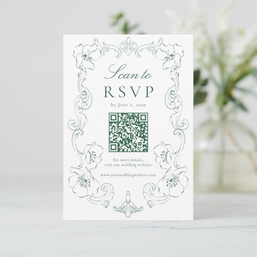 Elegant Green Ornate Floral QR Code Wedding 出欠カード (スタンド正面)