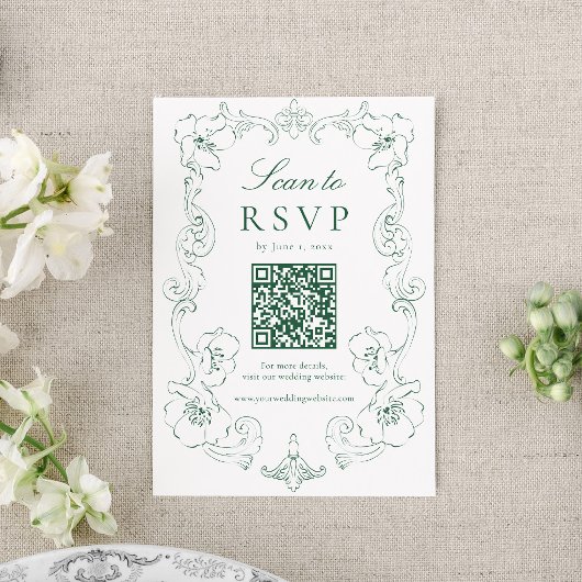 Elegant Green Ornate Floral QR Code Wedding 出欠カード
