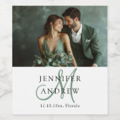 Elegant Green Photo & Monogram Wedding  ワインラベル (シングルラベル)
