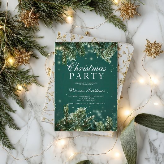 Elegant green pine snowy Holiday Christmas party 招待状