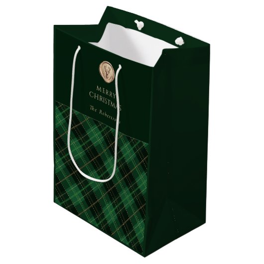Elegant green plaid personalized ミディアムペーパーバッグ (正面アングル)