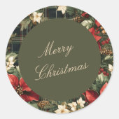 Elegant Green Plaid Poinsettias Merry Christmas ラウンドシール (正面)