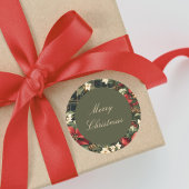 Elegant Green Plaid Poinsettias Merry Christmas ラウンドシール