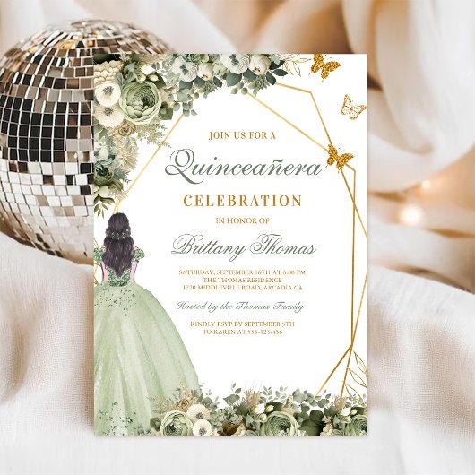 Elegant Green Quinceañera Invitation 招待状