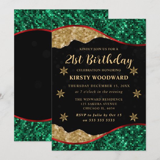 Elegant Green Red & Gold Snowflake 21st Birthday 招待状 (正面/裏面)