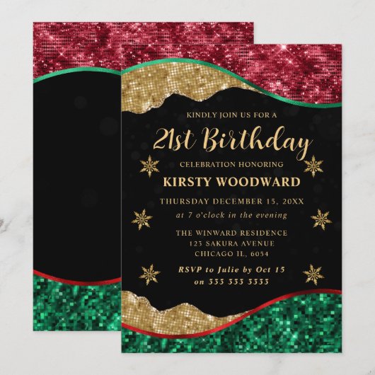 Elegant Green Red & Gold Snowflake 21st Birthday 招待状 (正面/裏面)