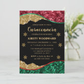 Elegant Green Red & Gold Snowflake Quinceanera 招待状 (スタンド正面)