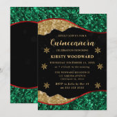 Elegant Green Red & Gold Snowflake Quinceanera 招待状 (正面/裏面)