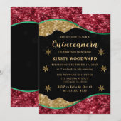 Elegant Green Red & Gold Snowflake Quinceanera 招待状 (正面/裏面)
