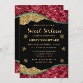 Elegant Green Red & Gold Snowflake Sweet 16 招待状 (正面/裏面)