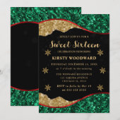 Elegant Green Red & Gold Snowflake Sweet 16 招待状 (正面/裏面)